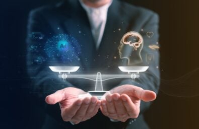 Scales balancing AI and human judgment as a symbol of technology and human decision-making