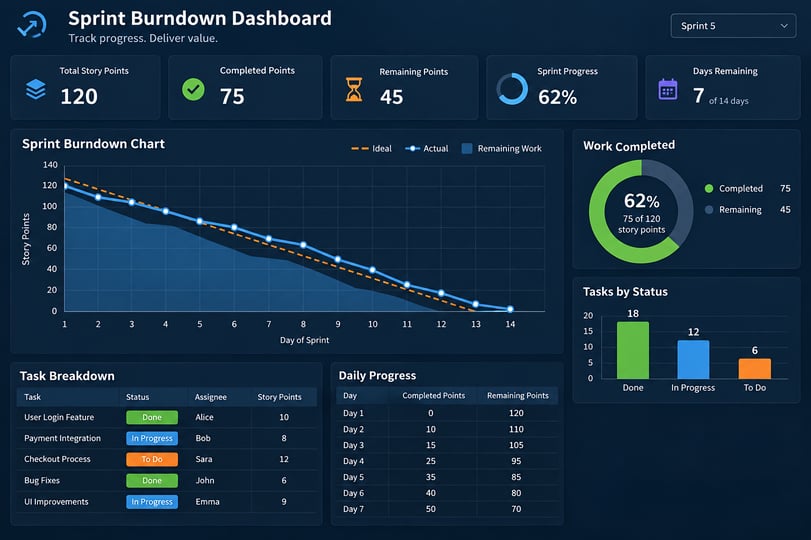 Sprint burndown dashboard showing remaining work, story points and task progress