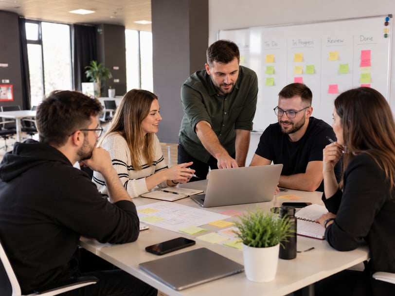 Softwareteam bespreekt gezamenlijk de voortgang tijdens een werksessie met laptop en planningbord.