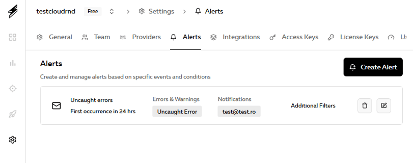 Serverless Dashboard met ingestelde alerts voor fouten en waarschuwingen