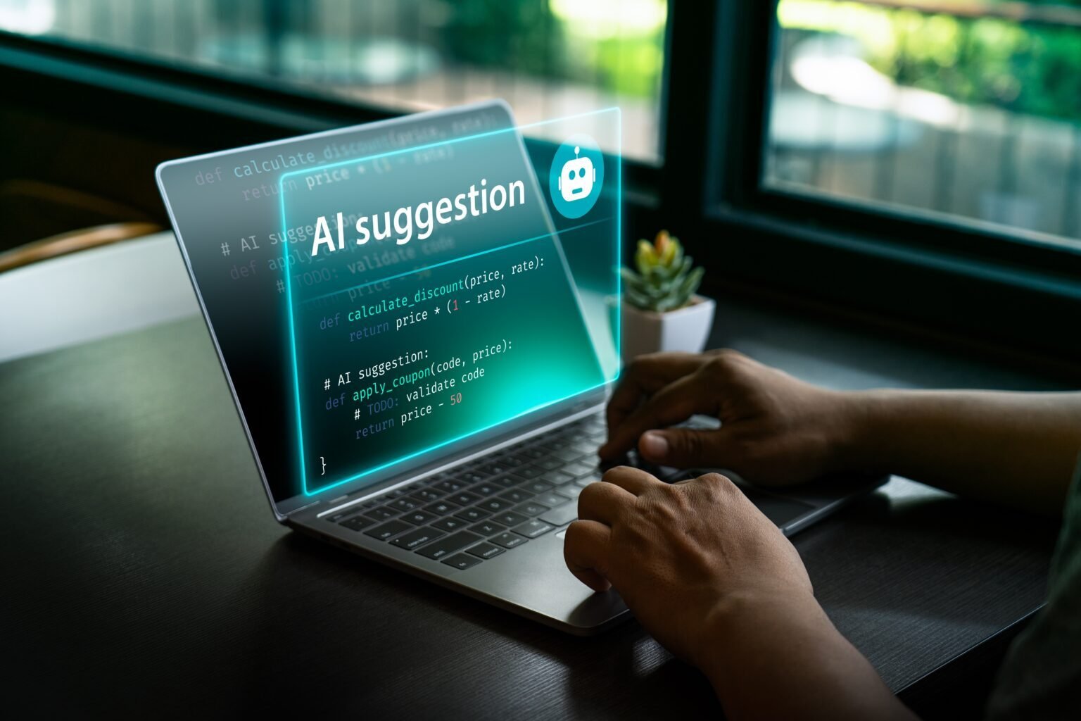 Developer die tijdens softwareontwikkeling een door AI gegenereerde codesuggestie ontvangt