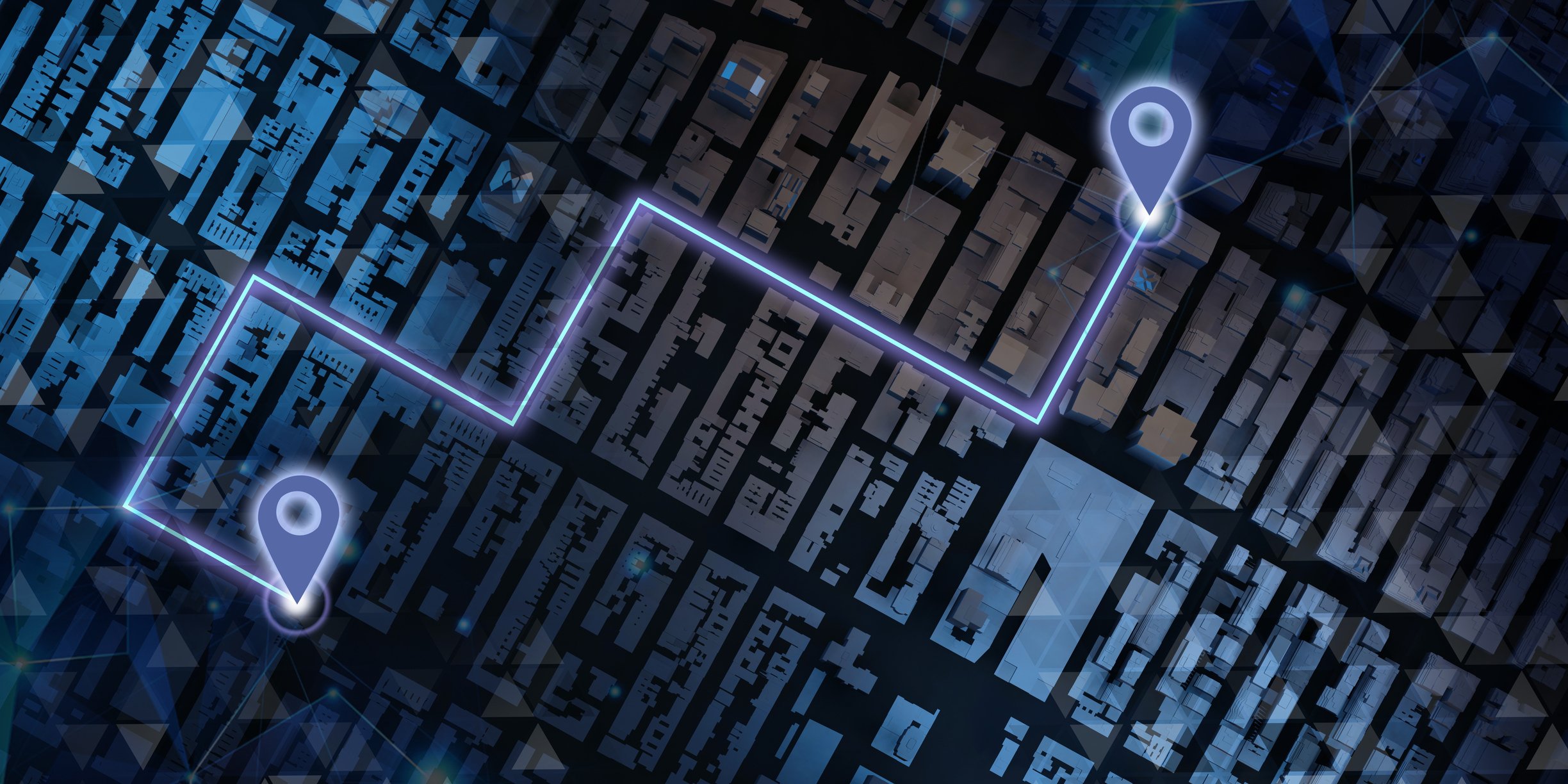 Digital map showing a tracked route between two locations for fleet management