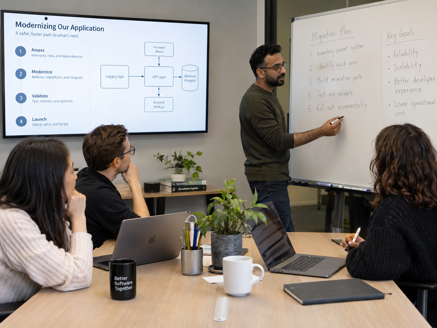 Softwareteam bespreekt een plan voor het moderniseren van een bestaande applicatie.