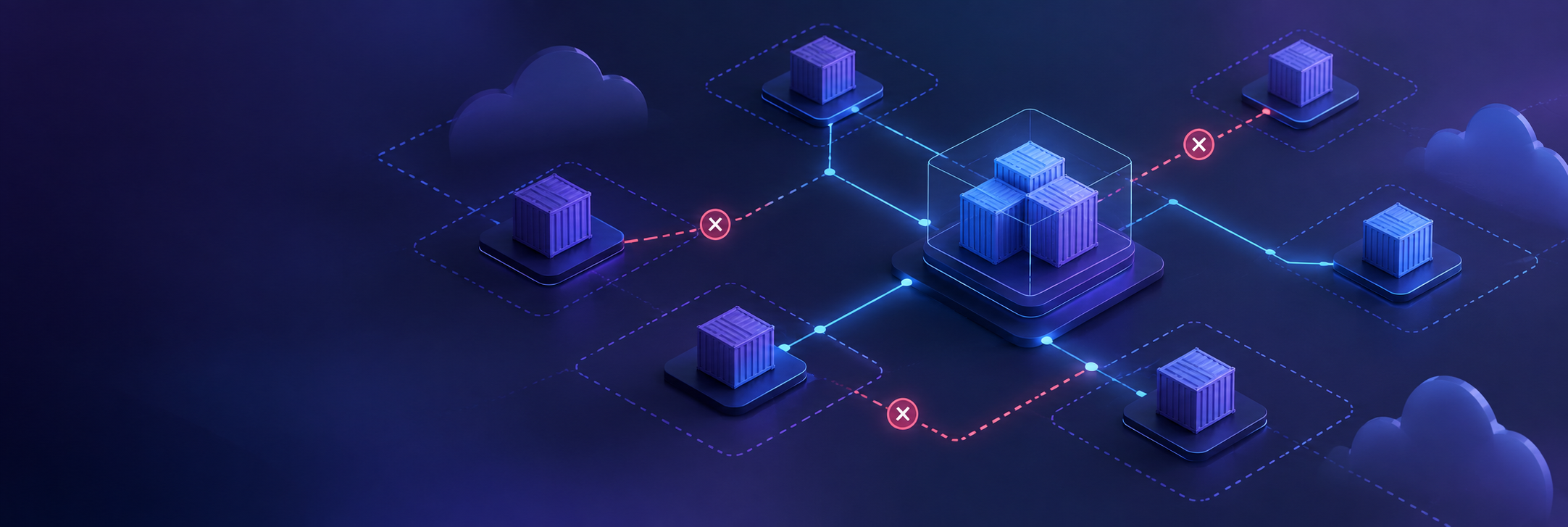 Technische visualisatie van netwerkverkeer in een Kubernetes-cluster met toegestane en geblokkeerde verbindingen.