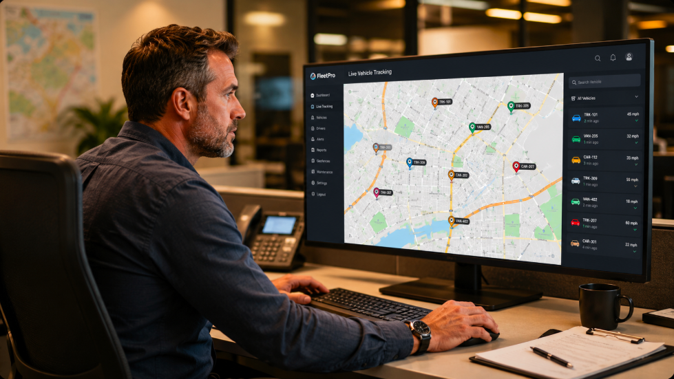 Manager sitting at a computer, viewing live vehicle tracking