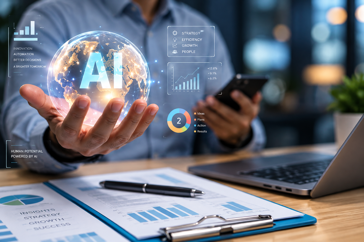Professional houdt een digitale AI-visualisatie vast met grafieken en bedrijfsdata op de achtergrond.