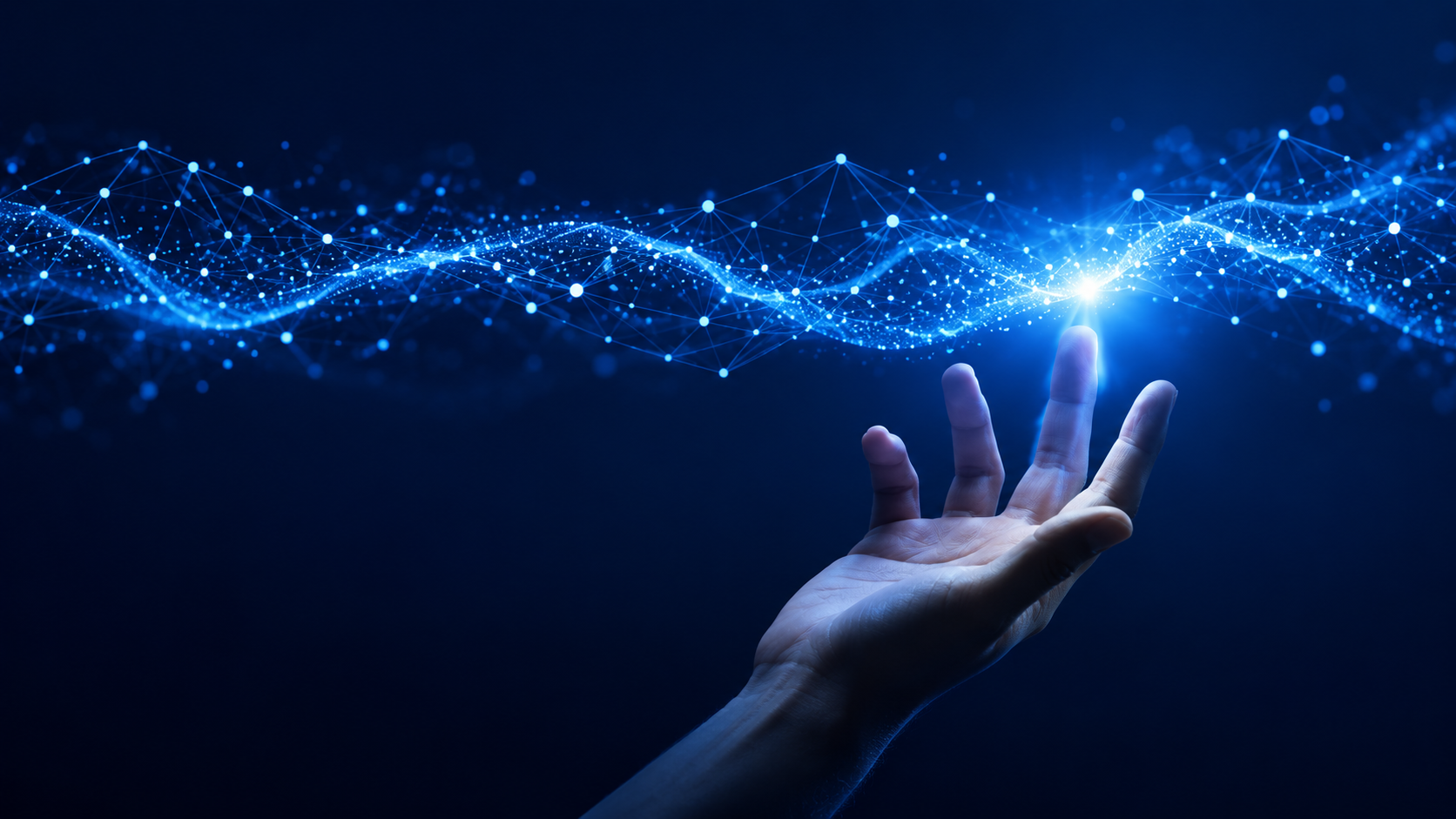 Illustration of a hand beneath a glowing digital data stream on a dark background.