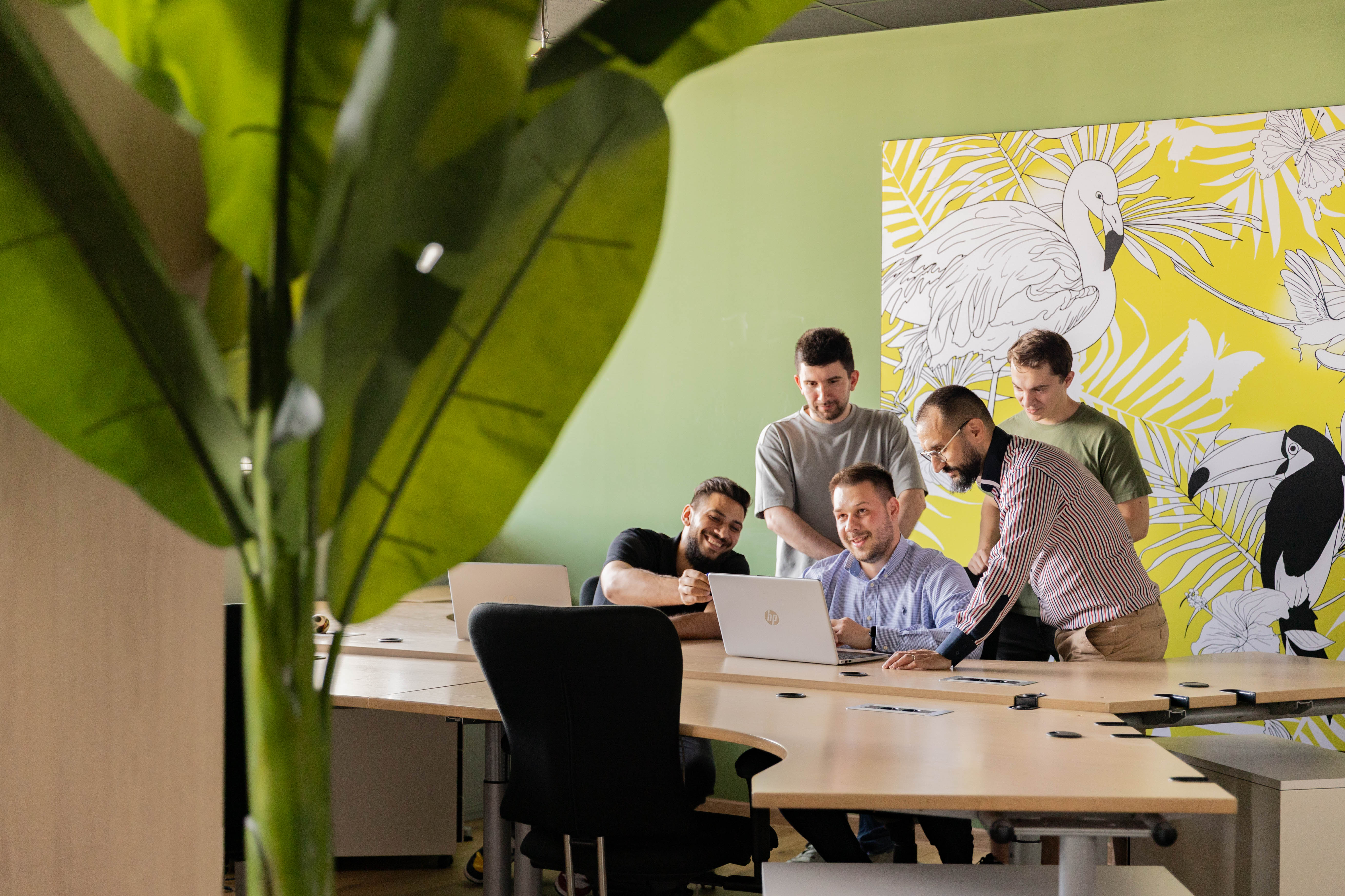 Vijf NetRom-collega’s bekijken samen een laptop tijdens een werksessie op kantoor.