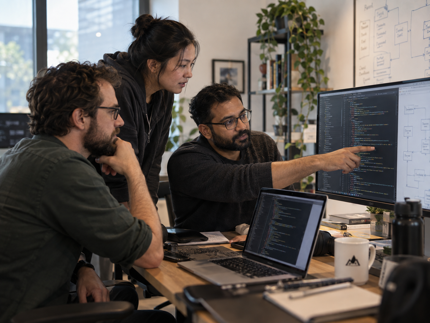Softwareontwikkelaars bespreken samen code en de architectuur van een bestaande applicatie.
